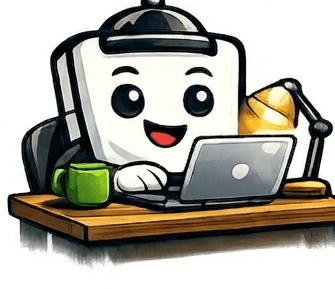 Mascote Comandito trabalhando em um computador